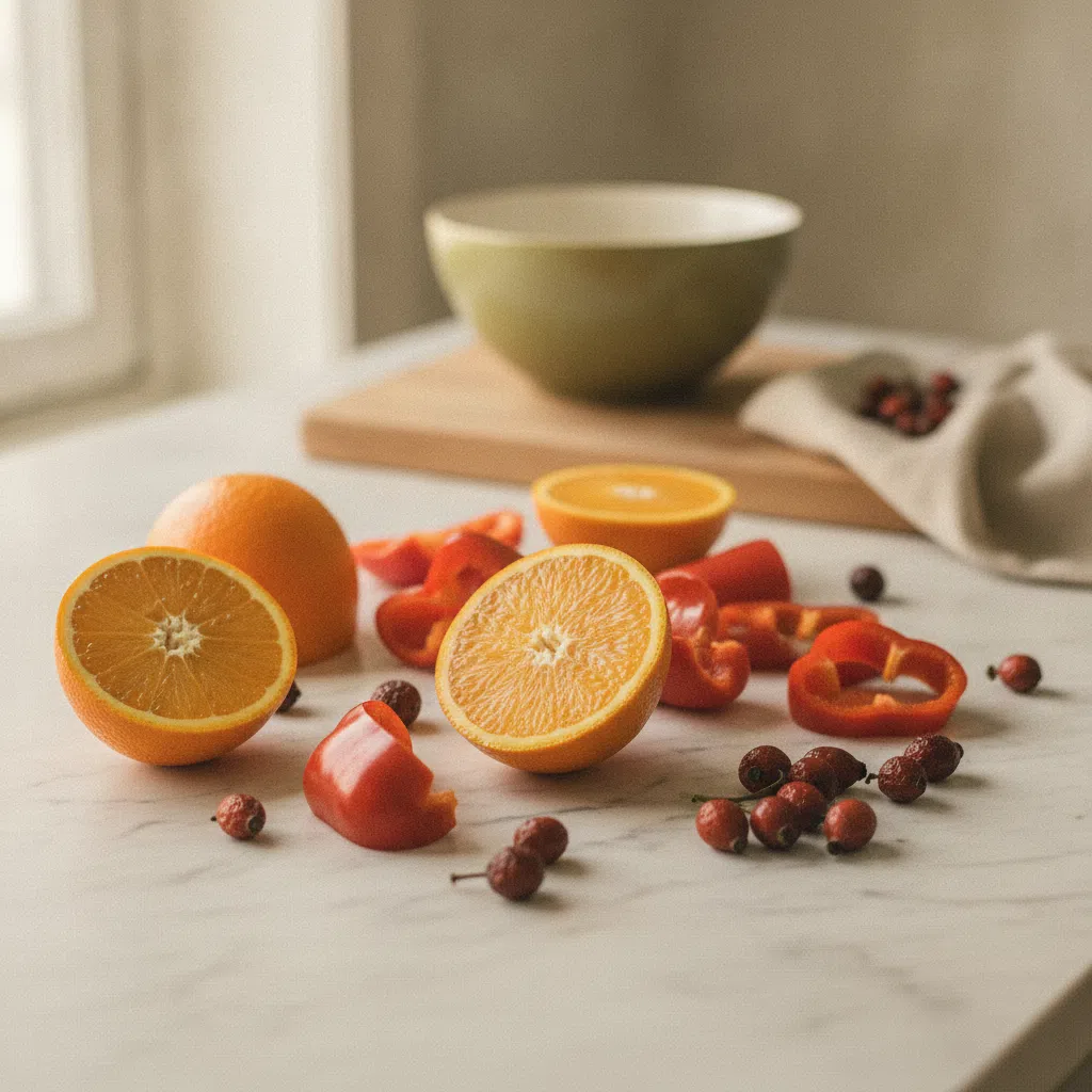 Färska apelsiner och röd paprika på ett ljust marmorbord, C-vitamin-källa