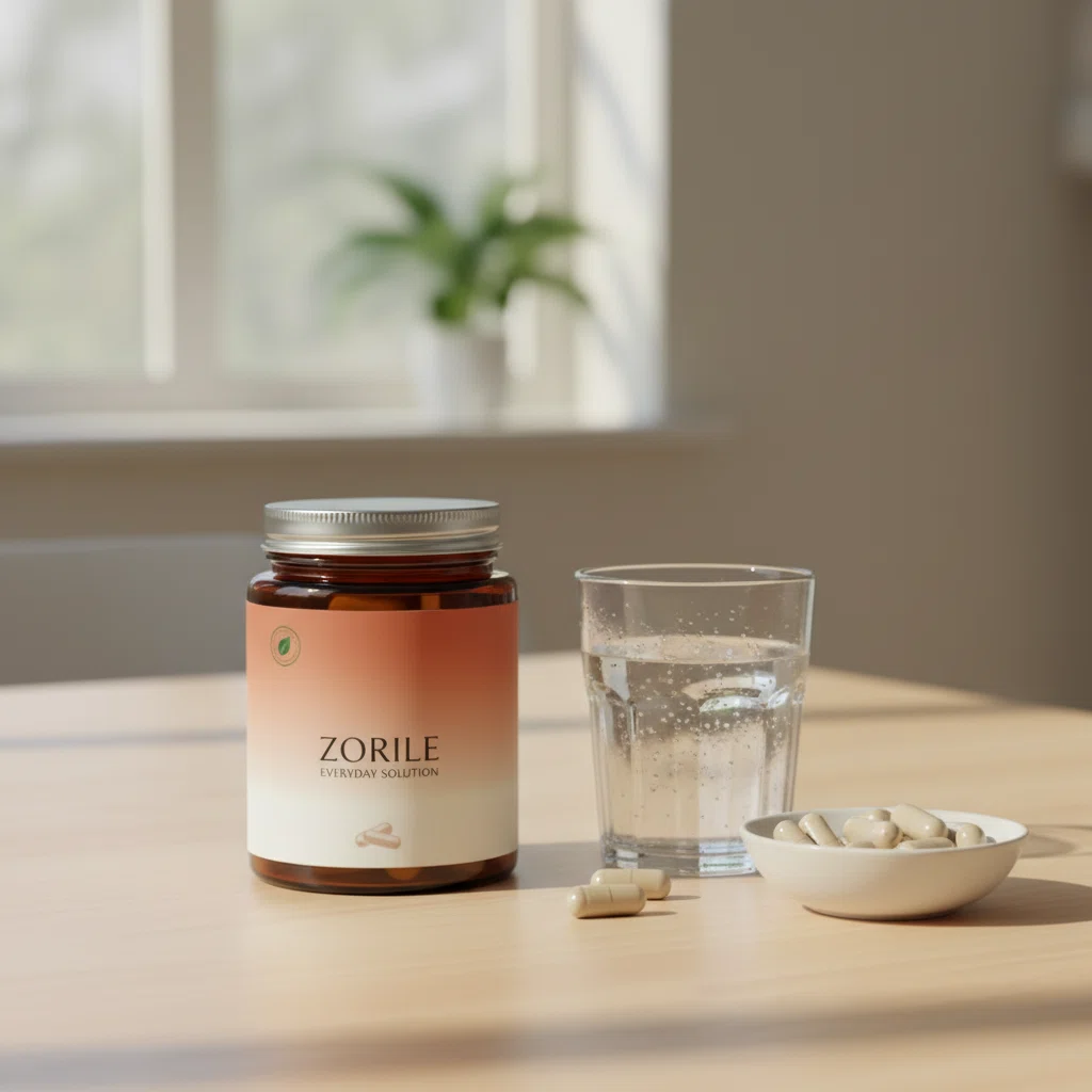 Zorile Everyday Solution förpackning på ett morgonbord med ett glas vatten bredvid